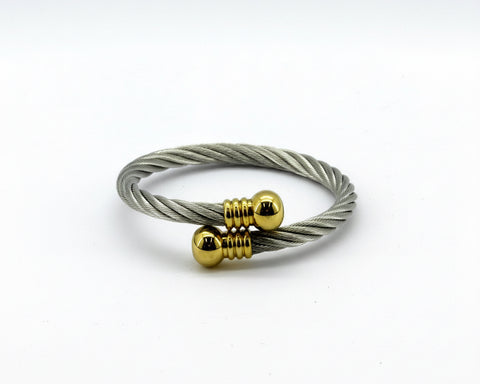 Pulsera magnética de cuerda - Alambre plateado y bolas doradas