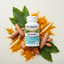 Turmeric Curcumin bottle surrounded by fresh turmeric root and powder
